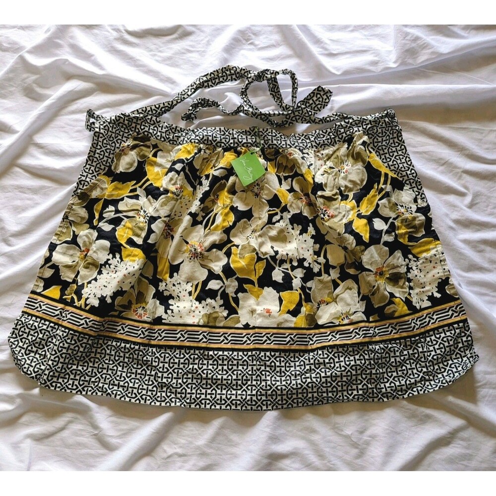 Vera Bradley Half Apron Dogwood Pattern Black White Yellow Print NWT Pockets